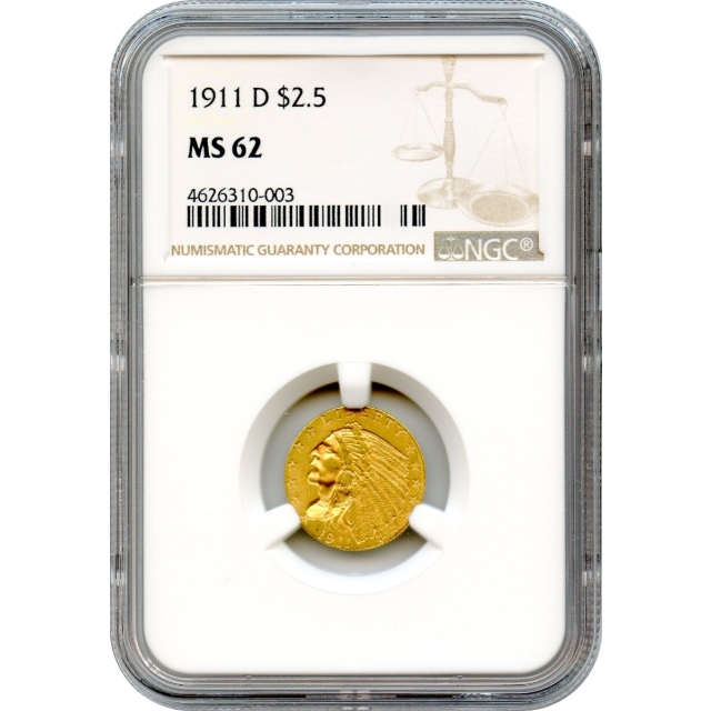 1911-D $2.50 Indian Head Quarter Eagle NGC MS62