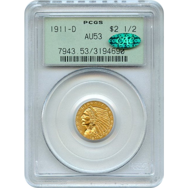 1911-D $2.50 Indian Head Quarter Eagle, Strong D PCGS AU53 (CAC)