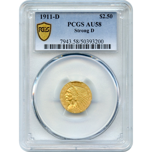 1911-D $2.50 Indian Head Quarter Eagle, Strong D PCGS AU58