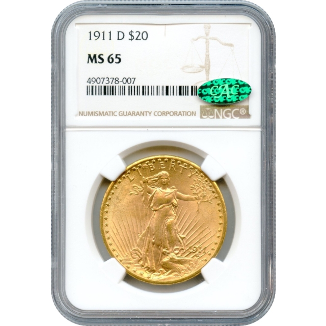 1911-D $20 Saint-Gaudens Double Eagle MS65 (CAC)