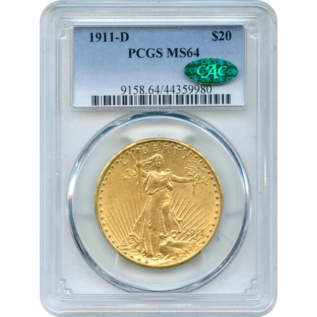 1911-D $20 Saint Gaudens Double Eagle PCGS MS64 (CAC)