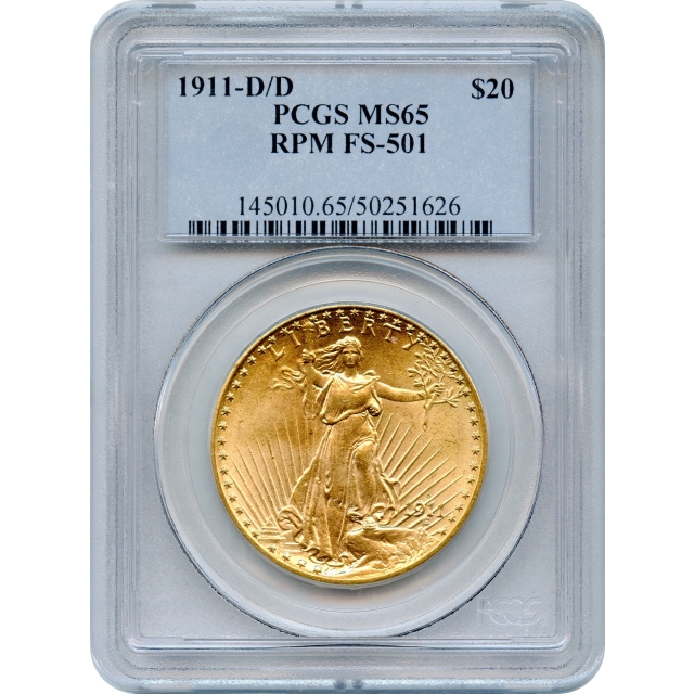 1911-D/D $20 Saint Gaudens Double Eagle, RPM FS-501 PCGS MS65