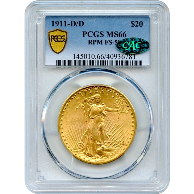 1911-D/D $20 Saint Gaudens Double Eagle, RPM FS-501 PCGS MS66 (CAC)