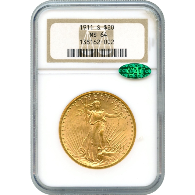 1911-S $20 Saint Gaudens Double Eagle NGC MS64 (CAC)