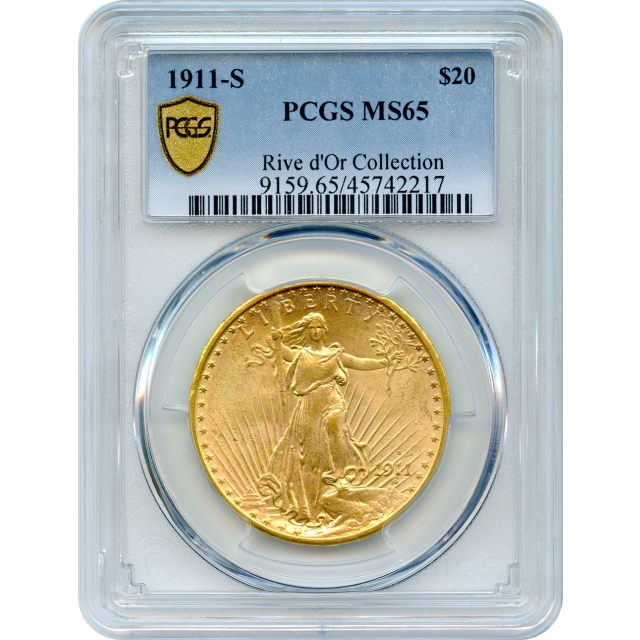 1911-S $20 Saint Gaudens Double Eagle PCGS MS65 Ex. Rive D'Or Collection