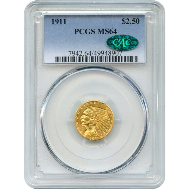 1911 $2.50 Indian Head Quarter Eagle PCGS MS64 (CAC)