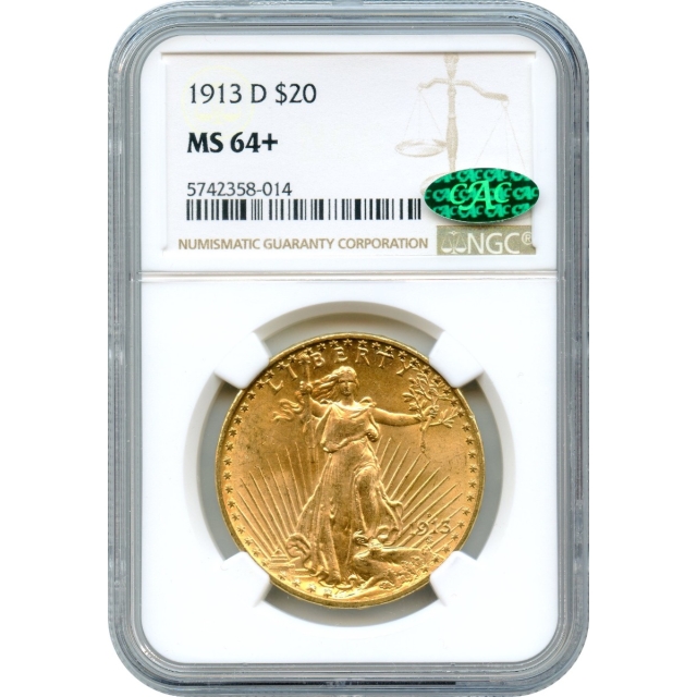1913-D $20 Saint Gaudens Double Eagle NGC MS64+ (CAC)