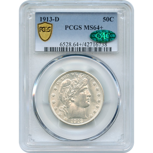 1913-D 50C Barber Half Dollar, PCGS MS64+ (CAC)
