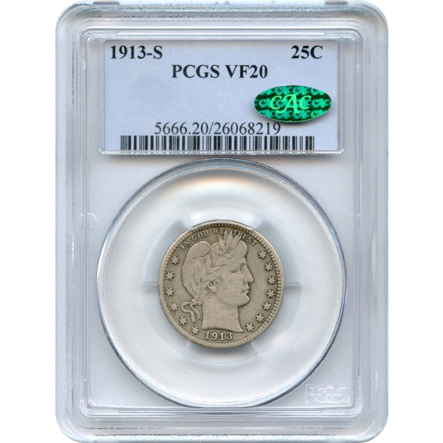 1913-S 25C Barber Quarter Dollar PCGS VF20 (CAC)