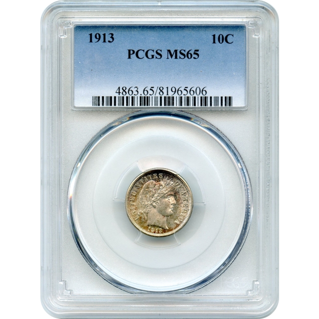 1913 10C Barber Silver Dime PCGS MS65