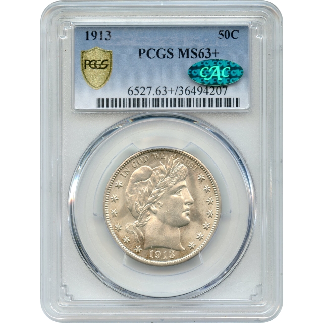 1913 50C Barber Half Dollar PCGS MS63+ (CAC)
