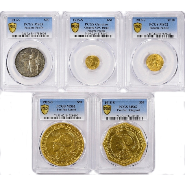 1915-S 5pc Panama-Pacific Gold & Silver Set PCGS