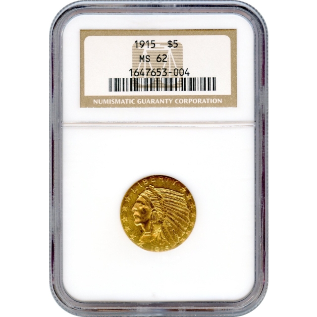 1915 $5 Indian Head Half Eagle NGC MS62