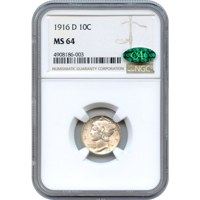1916-D 10C Mercury Dime NGC MS64 (CAC)
