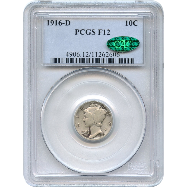 1916-D 10C Mercury Dime PCGS F12 (CAC) - Key Date of Series!