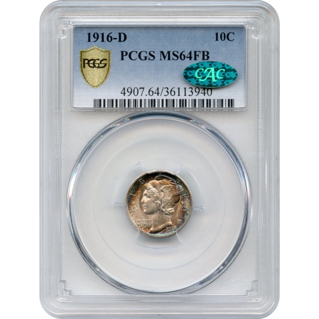1916-D 10C Mercury Dime PCGS MS64FB (CAC)