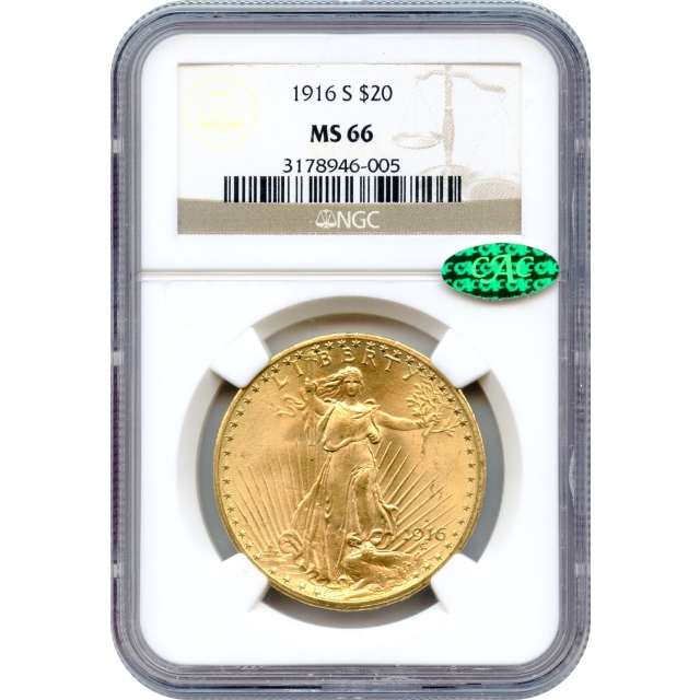 1916-S $20 Saint-Gaudens Double Eagle NGC MS66 (CAC)