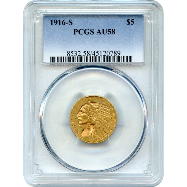 1916-S $5 Indian Head Half Eagle PCGS AU58