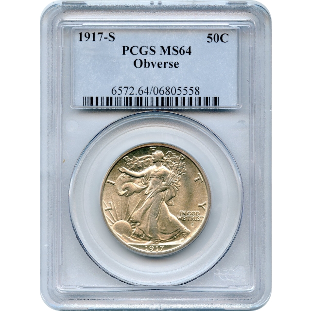 1917-S 50C Walking Liberty Half Dollar, Obverse Mintmark PCGS MS64