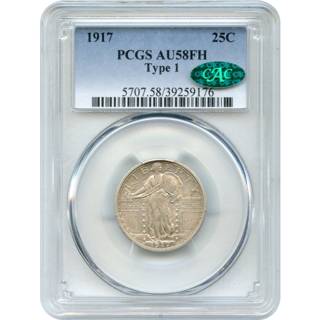 1917 25C Standing Liberty Quarter, Type 1 PCGS AU58FH (CAC) - great "Everyman Set" coin