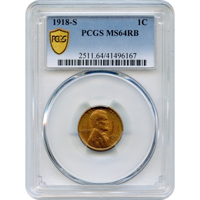 1918-S 1C Lincoln Cent, Wheat Reverse PCGS MS64RB