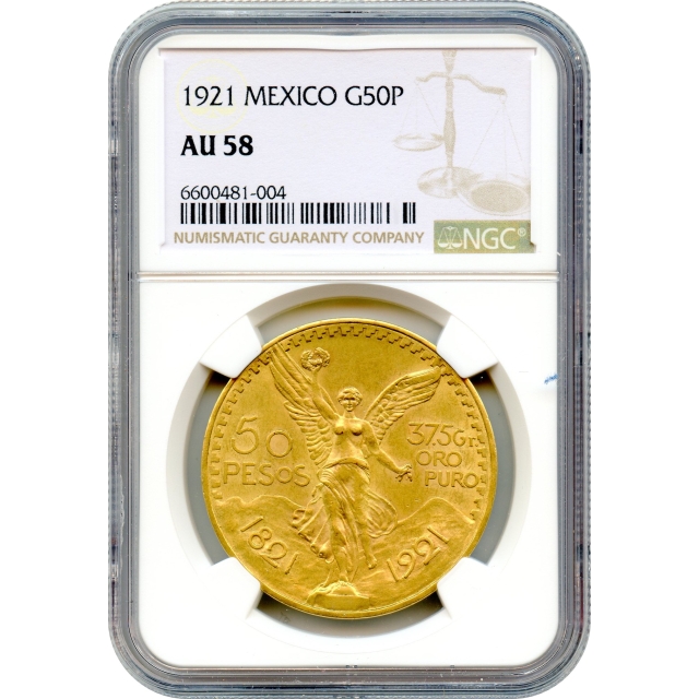 World Gold - 1921 50 Pesos Gold Mexico City Mint NGC AU58