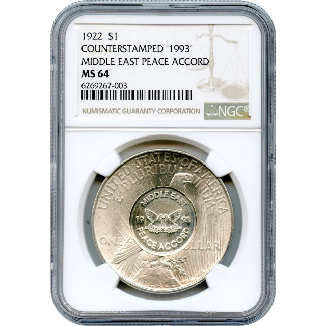1922 $1 Peace Dollar Counter-stamped '1993 Middle East Peace Accord,' NGC MS64
