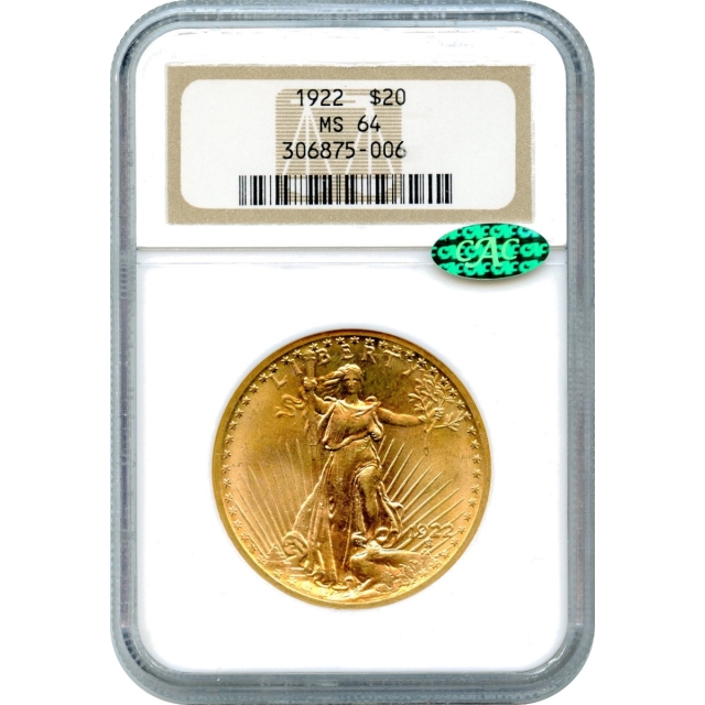 1922 $20 Saint Gaudens Double Eagle NGC MS64 (CAC)