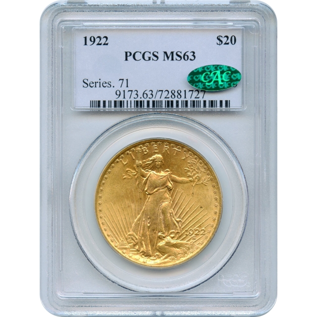 1922 $20 Saint Gaudens Double Eagle PCGS MS63 (CAC)