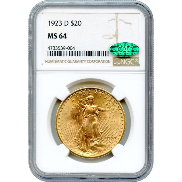 1923-D $20 Saint-Gaudens Double Eagle NGC MS64 (CAC)