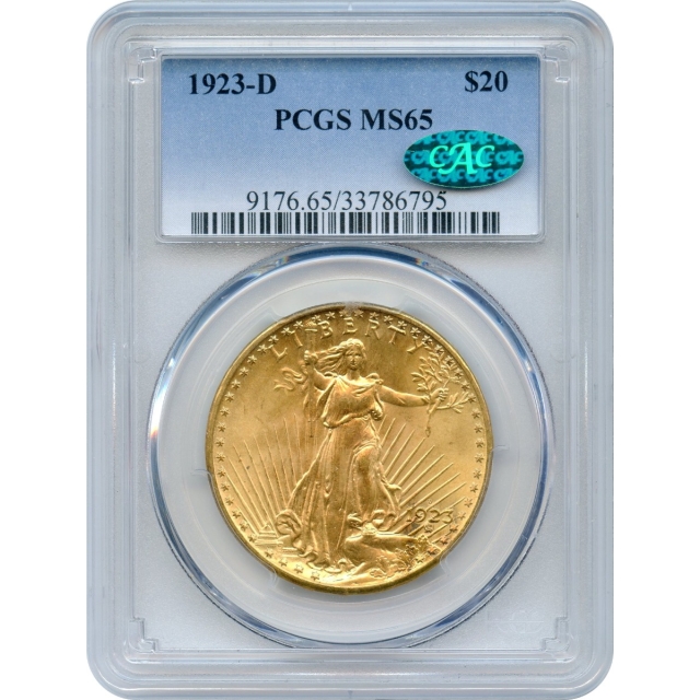 1923-D $20 Saint Gaudens Double Eagle PCGS MS65 (CAC)