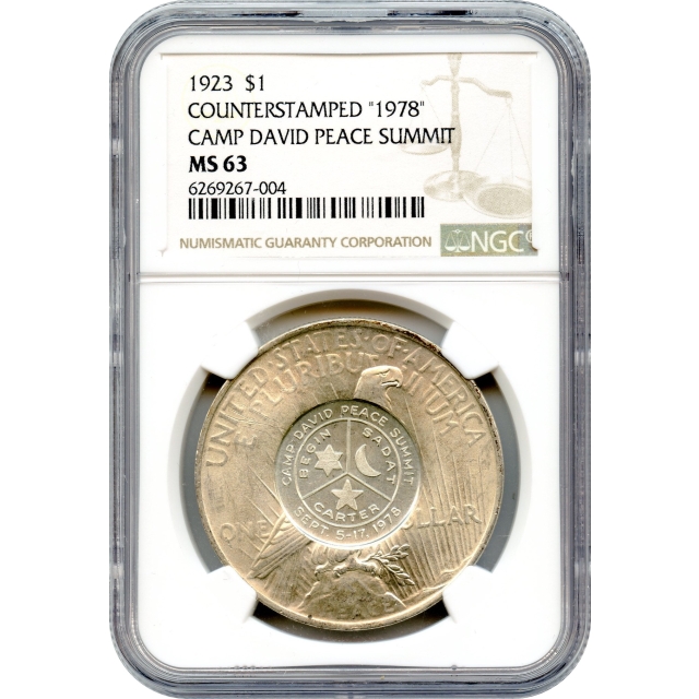 1923 $1 Peace Dollar, Counter-stamped '1978 Camp David Peace Summit', NGC MS63 