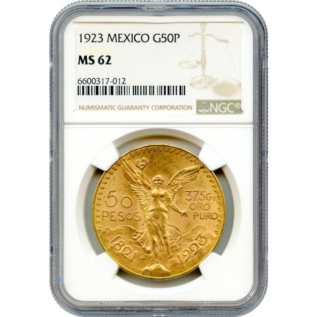World Gold - 1923 50 Pesos Gold Mexico City Mint NGC MS62