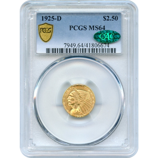 1925-D $2.50 Indian Head Quarter Eagle PCGS MS64 (CAC)