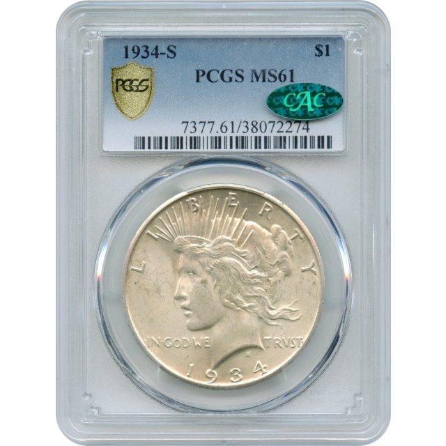 1934-S $1 Peace Silver Dollar PCGS MS61 (CAC)