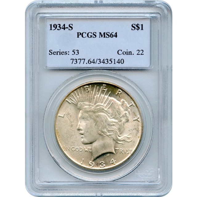 1934-S $1 Peace Silver Dollar PCGS MS64
