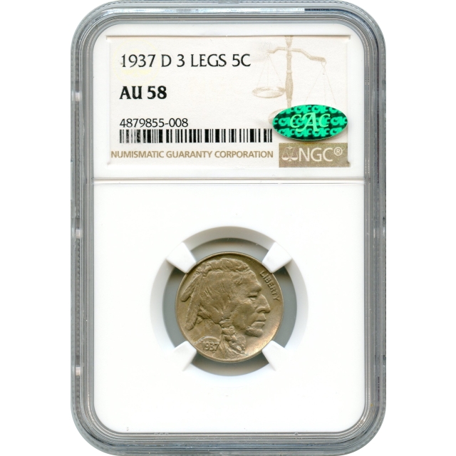 1937-D 5C Buffalo Nickel, 3 Legs NGC AU58 (CAC)