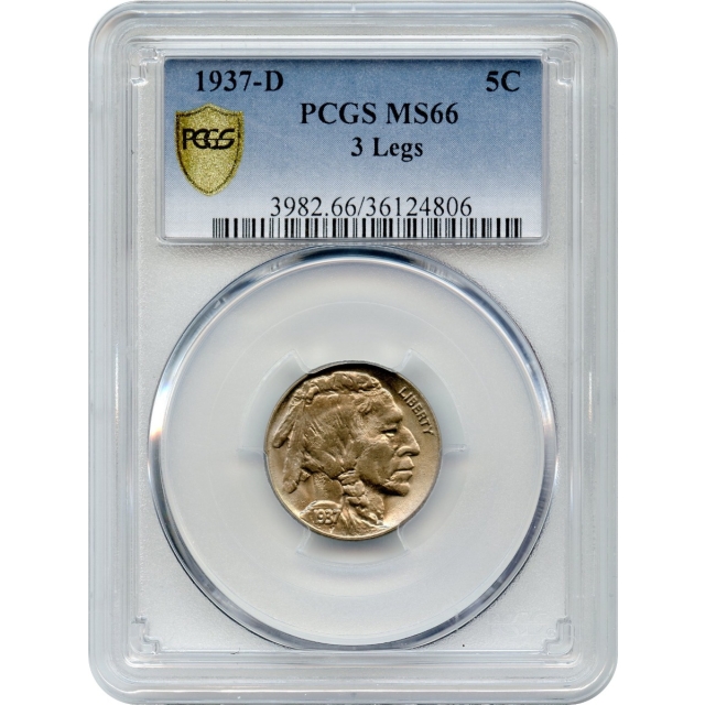 1937-D 5C Buffalo Nickel, 3 Legs PCGS MS66