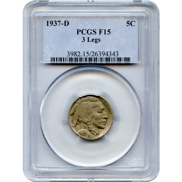 1937-D 5C Buffalo Nickel, 3-Legs PCGS F15