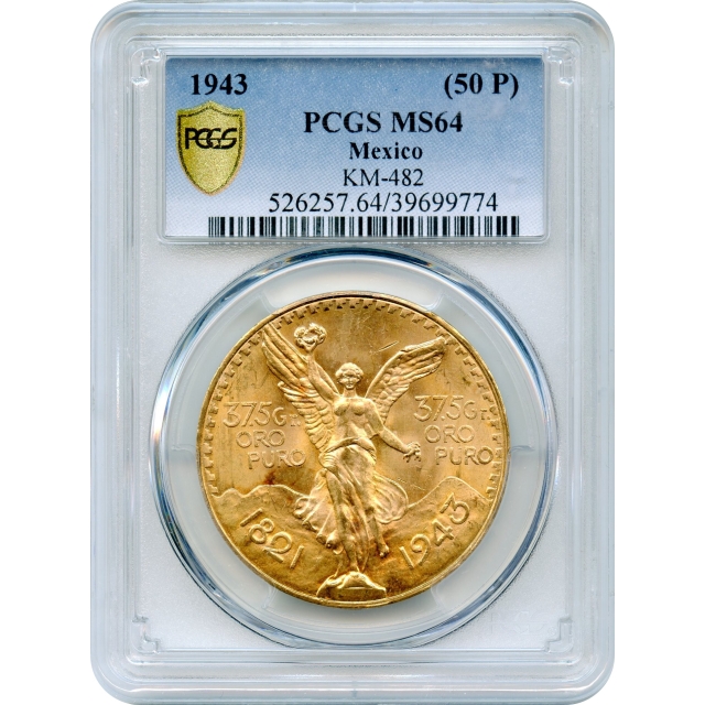 1943 50 Pesos Gold Mexico City Mint, KM-482 PCGS MS64