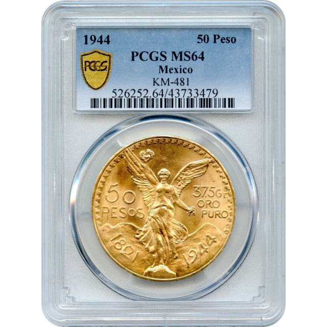 World Gold - 1944 50 Pesos Gold Mexico City Mint, KM-481 PCGS MS64