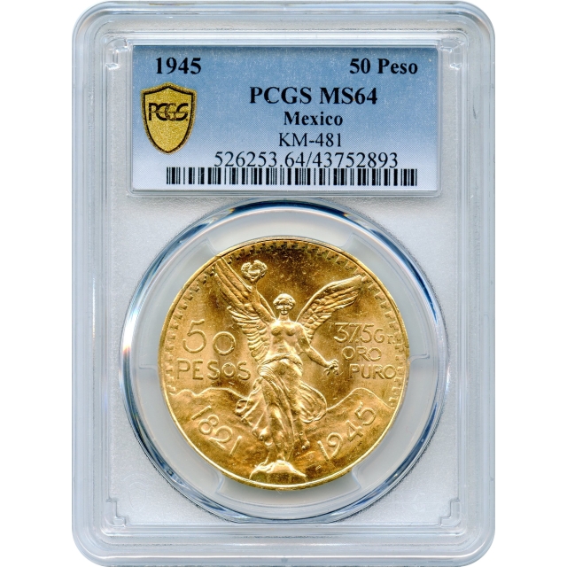 World Gold - 1945 50 Pesos Gold Mexico City Mint, KM-481 PCGS MS64