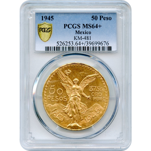1945 50 Pesos Gold Mexico City Mint, KM-481 PCGS MS64+