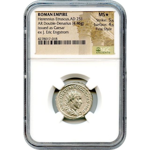 Ancient Rome - AD 251 Herennius Etruscus AR Double-Denarius NGC MS★ Ex. Robbins Collection