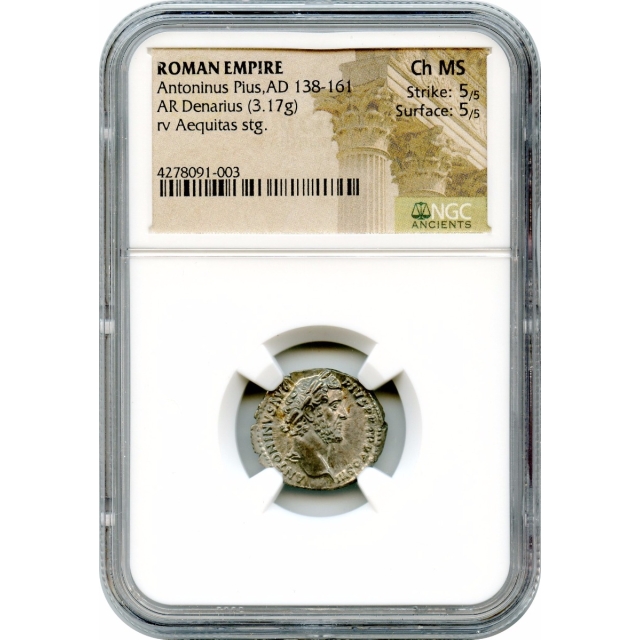 Ancient Rome - 138-161 AD Antoninus Pius AR Denarius NGC Choice MS