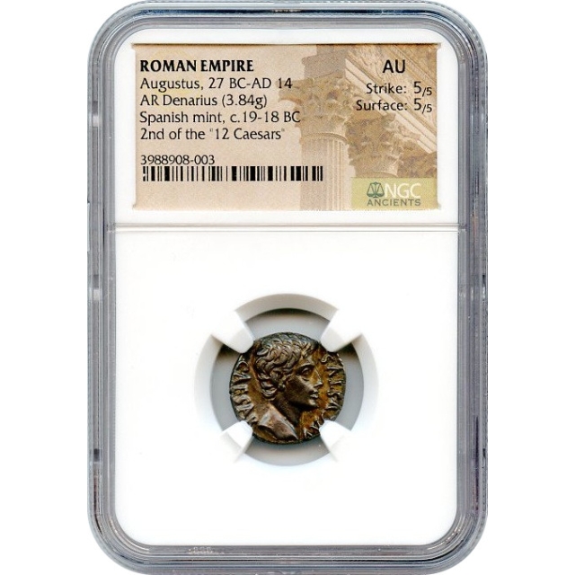Ancient Rome -   19 BC Augustus AR Denarius NGC AU