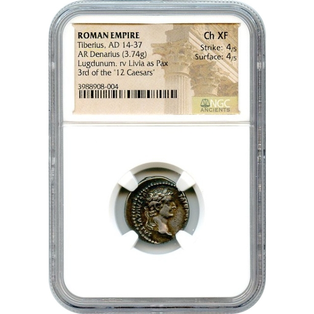 Ancient Rome -  14-37 AD Tiberius AR Denarius NGC Choice XF