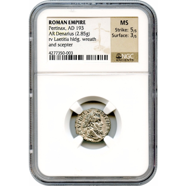 Ancient Rome - 193 AD Pertinax AR Denarius NGC MS