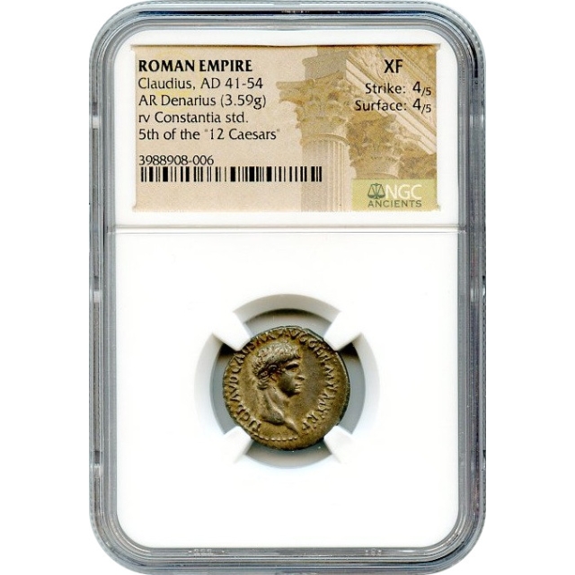 Ancient Rome -  41-54 AD Claudius AR Denarius NGC XF