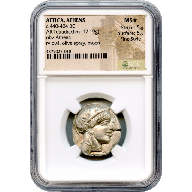 Ancient Greece - 440-404 BCE Attica, Athens Owl AR Tetradrachm NGC MS(*) Fine Style
